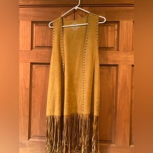 Studded Faux Suede Fringe Vest in Mustard